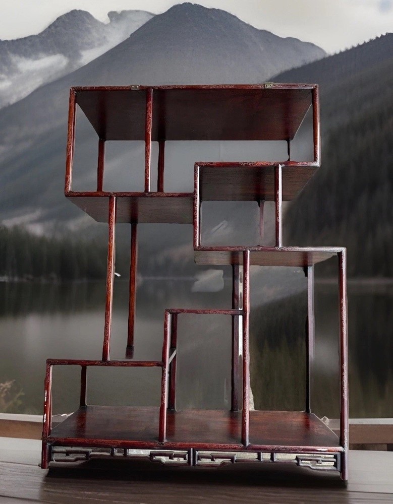 Mid-Century Chinese Brass Inlay Rosewood Wall Mounted Curio Display Cabinet