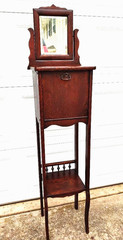 RARE TURN OF THE CENTURY VICTORIAN OAK SHAVING STAND W/ BEVELED MIRROR, KEY…