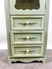 French Provincial Style Mid-Century Distressed Green Cabinet with Three Drawers