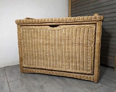 Vintage Boho Chic Coastal Wicker Rattan Drop Front Record Storage Cabinet Table