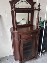 Antique Brown Wood Cabinet with Mirror, Glass Doors, Drawer, Adjustable Shelves