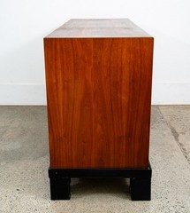 Mid Century Modern Credenza Cabinet Walnut Sliding Doors Storage Black Base Mcm