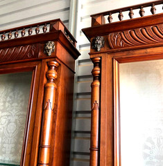 Rare LG Matching Pair Antique French Walnut Hutches Carved Cameos Lions Columns