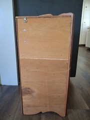 Vtg. corner cupboard with distinctive scalloped cutouts – 3 Tier – Oak In Color