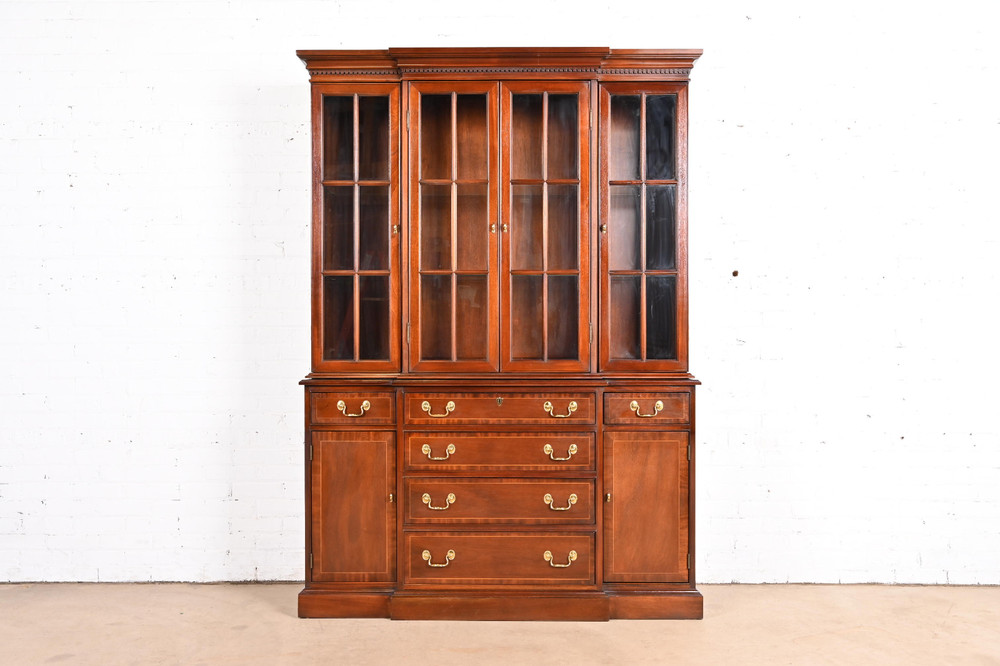 Councill Craftsmen Georgian Carved Mahogany Breakfront Bookcase Cabinet