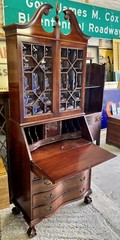 Antique Mahogany Chippendale Drop Front Secretary Desk 4 Serpentine Drawers Key