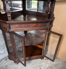 RARE VICTORIAN WALNUT AND BURL BEVELED GLASS CORNER CHINA CABINET