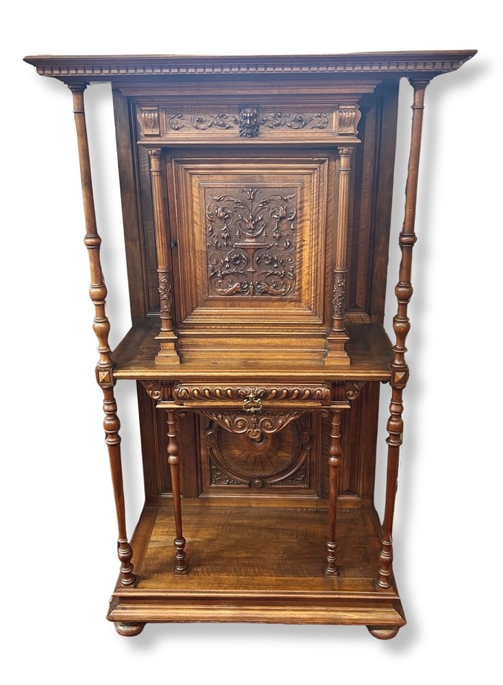 Antique French Henri II Carved Walnut Wine Liquor Display Hall Cabinet 70″H