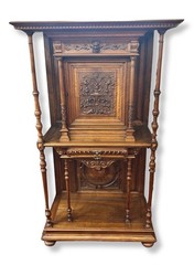 Antique French Henri II Carved Walnut Wine Liquor Display Hall Cabinet 70″H