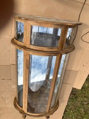 Vintage Oak Curio Cabinet with 3 Glass Shelves Lights Curved Glass late 40s 50s