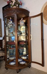 Antique Oak Corner Curio China Cabinet Beveled Glass Carved 80.75″ with Casters