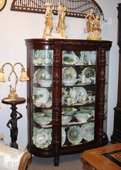 Antique Carved Mahogany Curved Glass China Cabinet