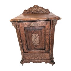 Antique 1890-1910 Quarter Sawn Oak Purdonium Fireside Coal Cabinet w/ Lion Heads