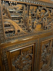 George Zee Mid Century Asian Hand Carved Teak Dry Bar Cabinet