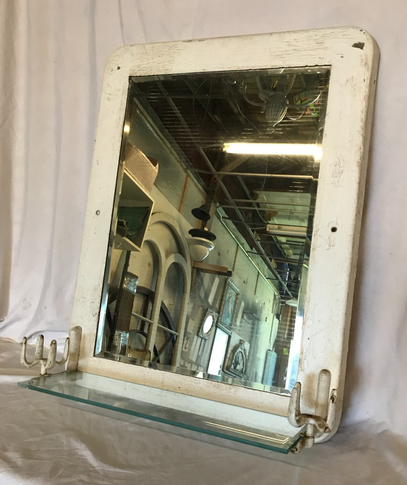 Antique VTG Deco Double Cup Holder 21×27 Glass Shelf Mirror Old Metal 1100-25B
