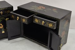 Vintage Chinese Oriental Small Asian Black Lacquer Painted Cabinets – a Pair