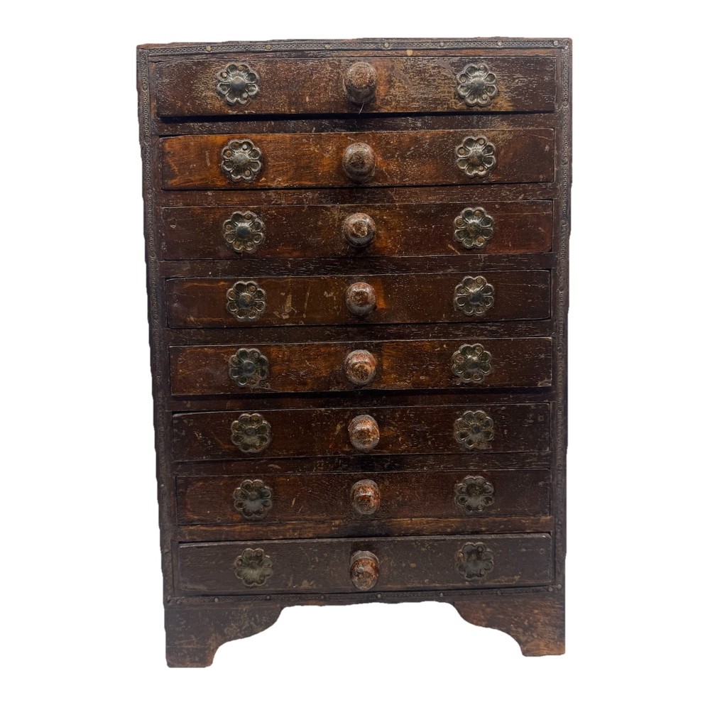 Antique Asian 8 Drawer Wooden Metal Handmade Jewelry/Spice Organizer Cabinet