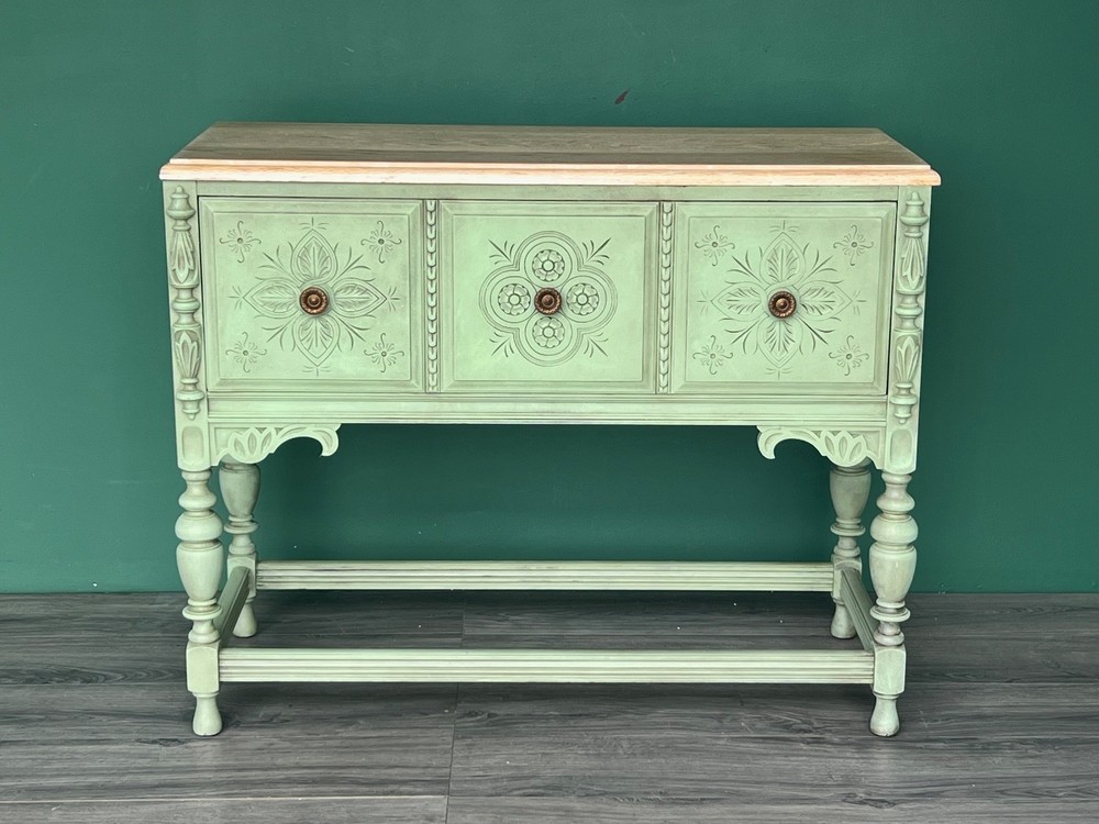 1940s Spanish Style Oak Console Cabinet, Green Console Table