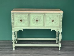 1940s Spanish Style Oak Console Cabinet, Green Console Table