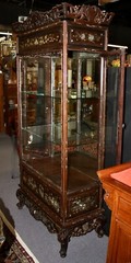Antique Cabinet Glass Front Hand Carved Asian Motifs & Mother-of-Pearl Designs