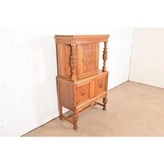 Antique English Jacobean Carved Oak and Burl Wood Bar Cabinet, Circa 1920s