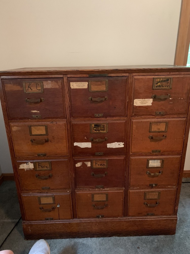 2 antique card catalog cabinets oak wood 36 W X38 inch high and 16 inch deep