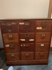 2 antique card catalog cabinets oak wood 36 W X38 inch high and 16 inch deep
