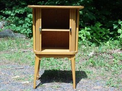 Vintage Mid Century Modern Blonde Tambour Door Cabinet Table Stand