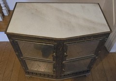 EXCELLENT VINTAGE 4 DOOR METAL CABINET W/ MARBLE TOP METAL LINED DOORS