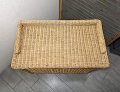 Vintage Boho Chic Coastal Wicker Rattan Drop Front Record Storage Cabinet Table