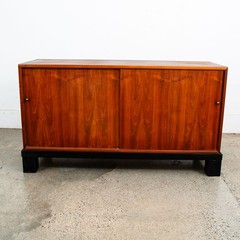 Mid Century Modern Credenza Cabinet Walnut Sliding Doors Storage Black Base Mcm