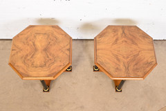 Baker Furniture Neoclassical Burl Wood Parcel Ebonized Gilt Side Tables, Pair