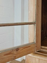 Grand Antique English Pine Display Cabinet Glass Doors Farmhouse Cupboard Hutch