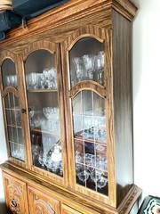 Singer Furniture (?) China Cabinet Hutch Mid Century Carved Wood Doors