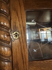 Antique Glass Fronted Wood Curio Cabinet with Carvings, Brass Handle, 2 Shelves