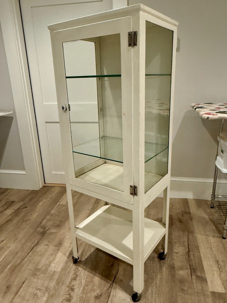 Antique 1900’s Metal Dental Cabinet (Industrial / Display), w/Glass Shelves