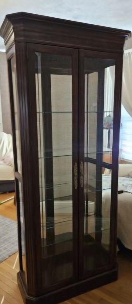 Mahogany Glass Curio Cabinet. Brass Handles, Interior Lighting.
