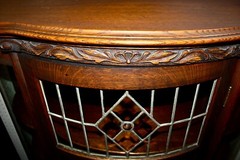 Victorian Carved Wood & Glass Curio Cabinet Leaded Glass Convex Ball & Claw Feet