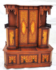 Victorian American Folk Art Inlaid Entryway Etagere Cabinet 1880s Roman Musician