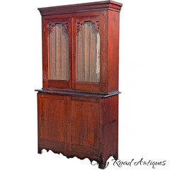 Antique Cherry Linen press display cabinet cupboard 2 pc NY country original 19t