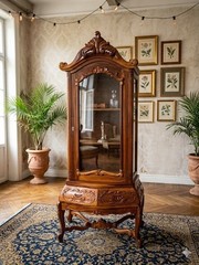Antique Curio Bombay style Cabinet Carved Wood & Glass 3 Shelves