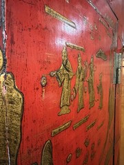 Pair Antique Red Lacquer Chinoiserie 2 Part Wedding Cabinet Armoires