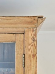 Grand Antique English Pine Display Cabinet Glass Doors Farmhouse Cupboard Hutch