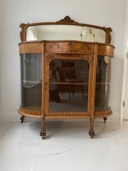 Antique Quartersawn Oak Curved Glass China Cabinet Bevel Canopy Mirror Claw Feet