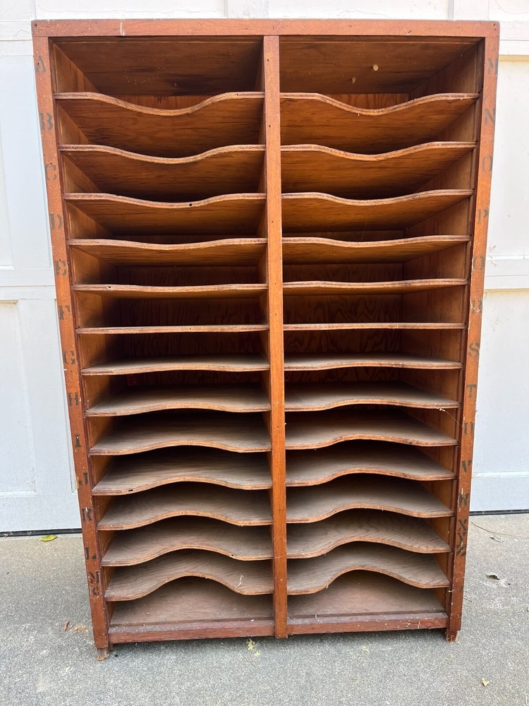 Antique Pine File Sorter with Marked Slots for ‘A’ through ‘Z’ (28 slots)