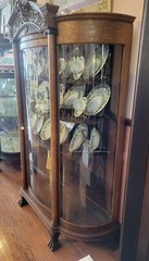 Antique Tiger Oak China Cabinet Curved Glass Sides & Door Winged Lion Crest