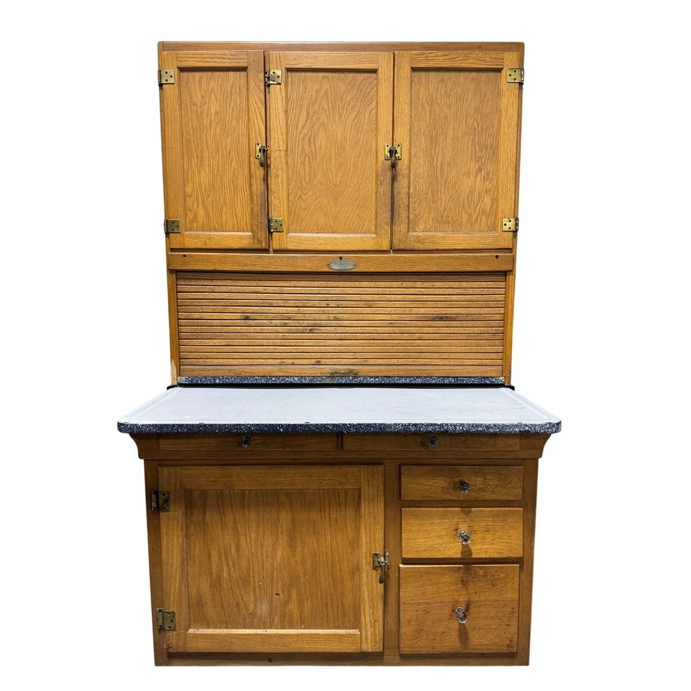 Antique Sellers Hoosier Cabinet c1920 Quarter Sawn Oak Tambour Enamel Counter