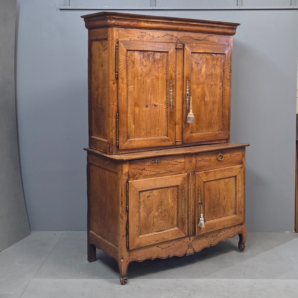 Antique French Elm Deux Corps Buffet Cabinet with Inlay and Fitted Interior
