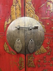 Pair Antique Red Lacquer Chinoiserie 2 Part Wedding Cabinet Armoires