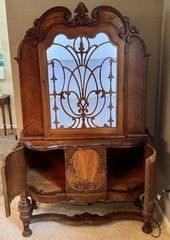 Antique Stained Wood & Glass China Cabinet, Curved Front, Interior light.